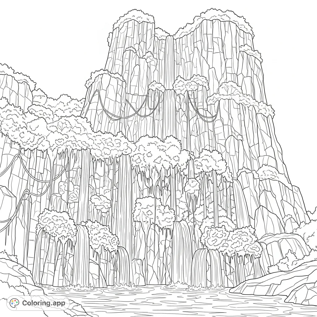 Explore a majestic cliff wall adorned with lush, dripping foliage and sparkling cascades. A serene natural scene awaiting your creative touch.