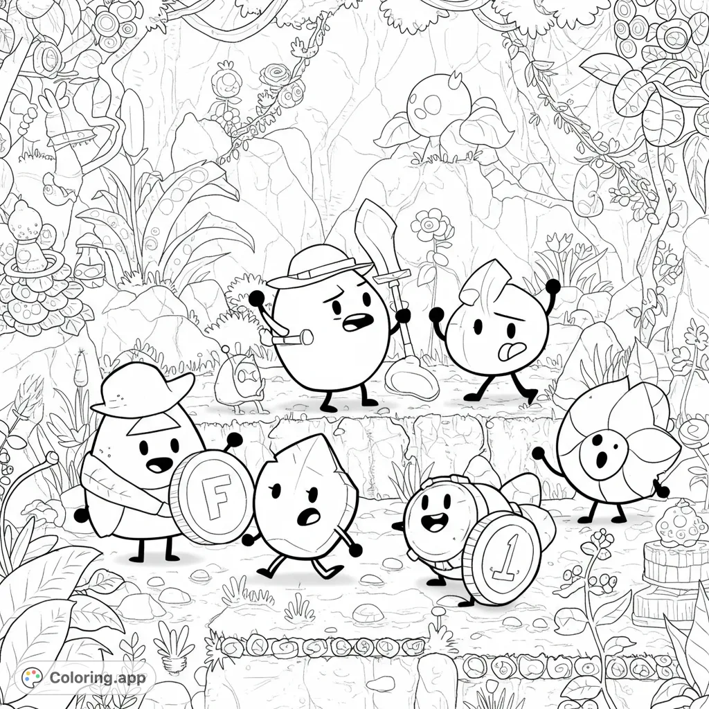 An intricate Battle for Dream Island coloring page featuring beloved characters amidst detailed rocky terrain and lush plants, perfect for fans of all ages.
