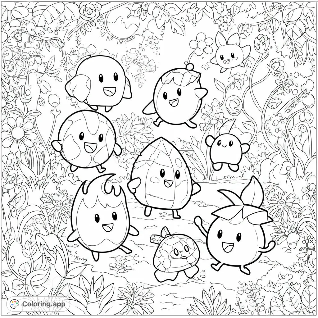 An intricate Battle for Dream Island coloring page featuring beloved characters amidst detailed plants and patterns. A free printable coloring page for fans!