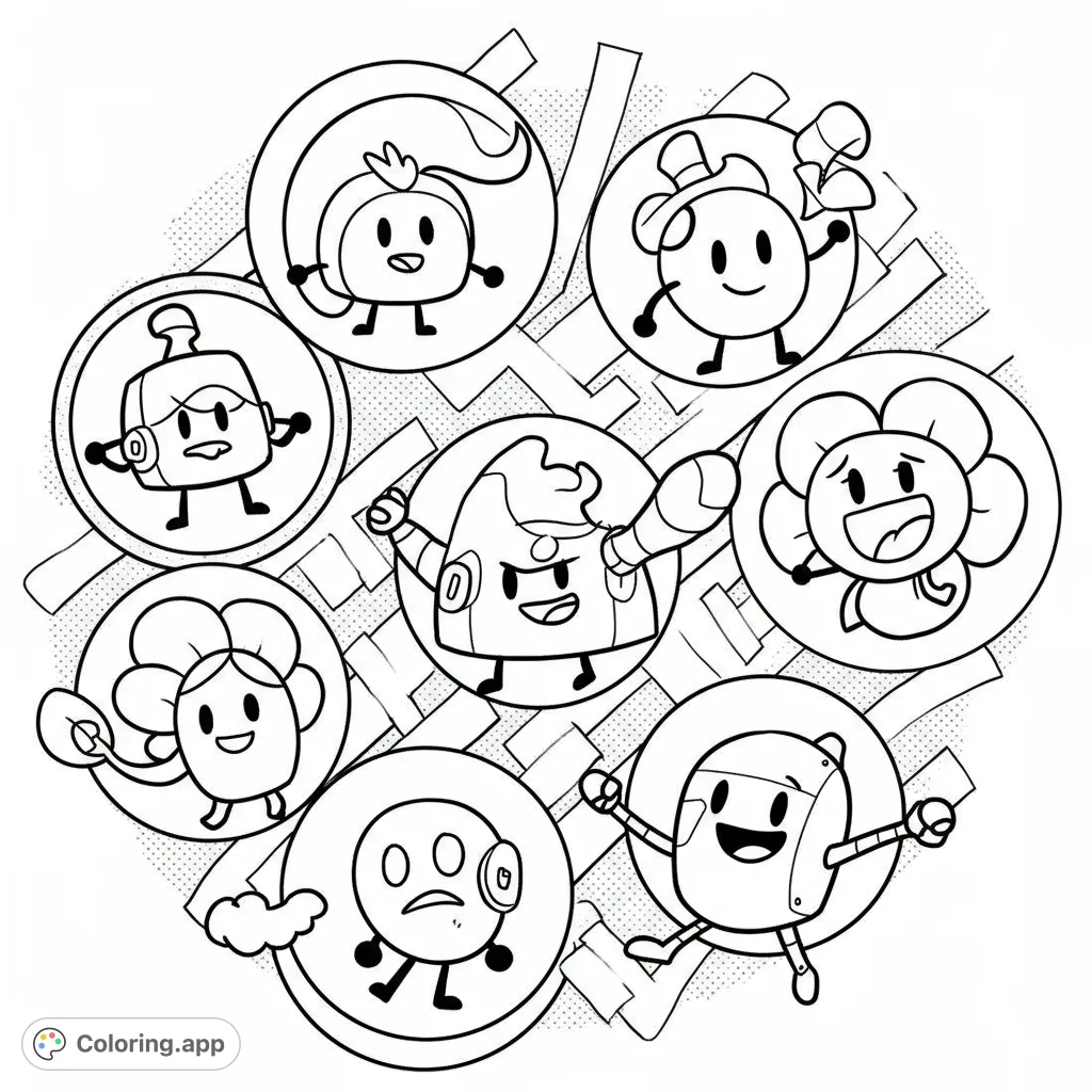 A fun Battle for Dream Island coloring page featuring beloved characters like Dora and Grassy in bold, circular frames, perfect for free printable coloring page fun!