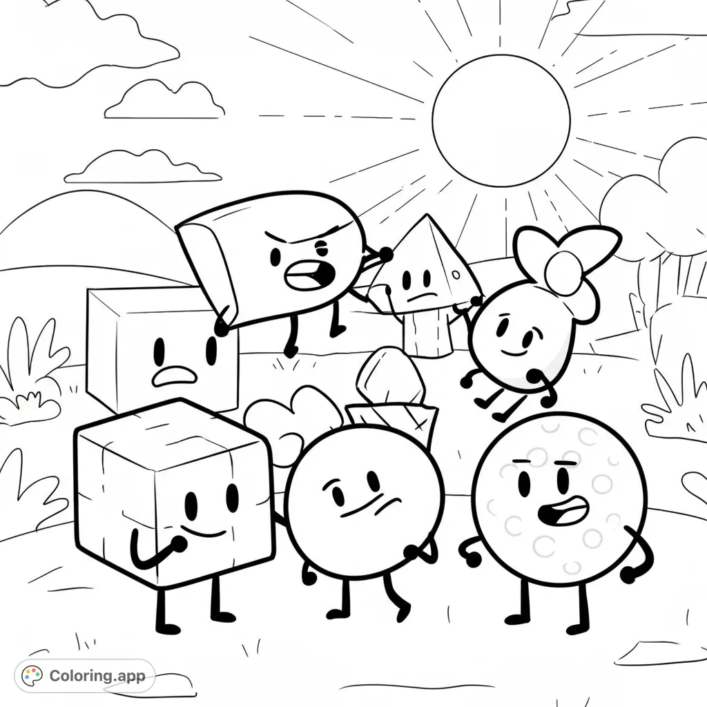 A fun Battle for Dream Island coloring page featuring Blocky, Bubble, Golf Ball, Flower, and Pin in a bold, cartoony group portrait with a minimalist landscape.