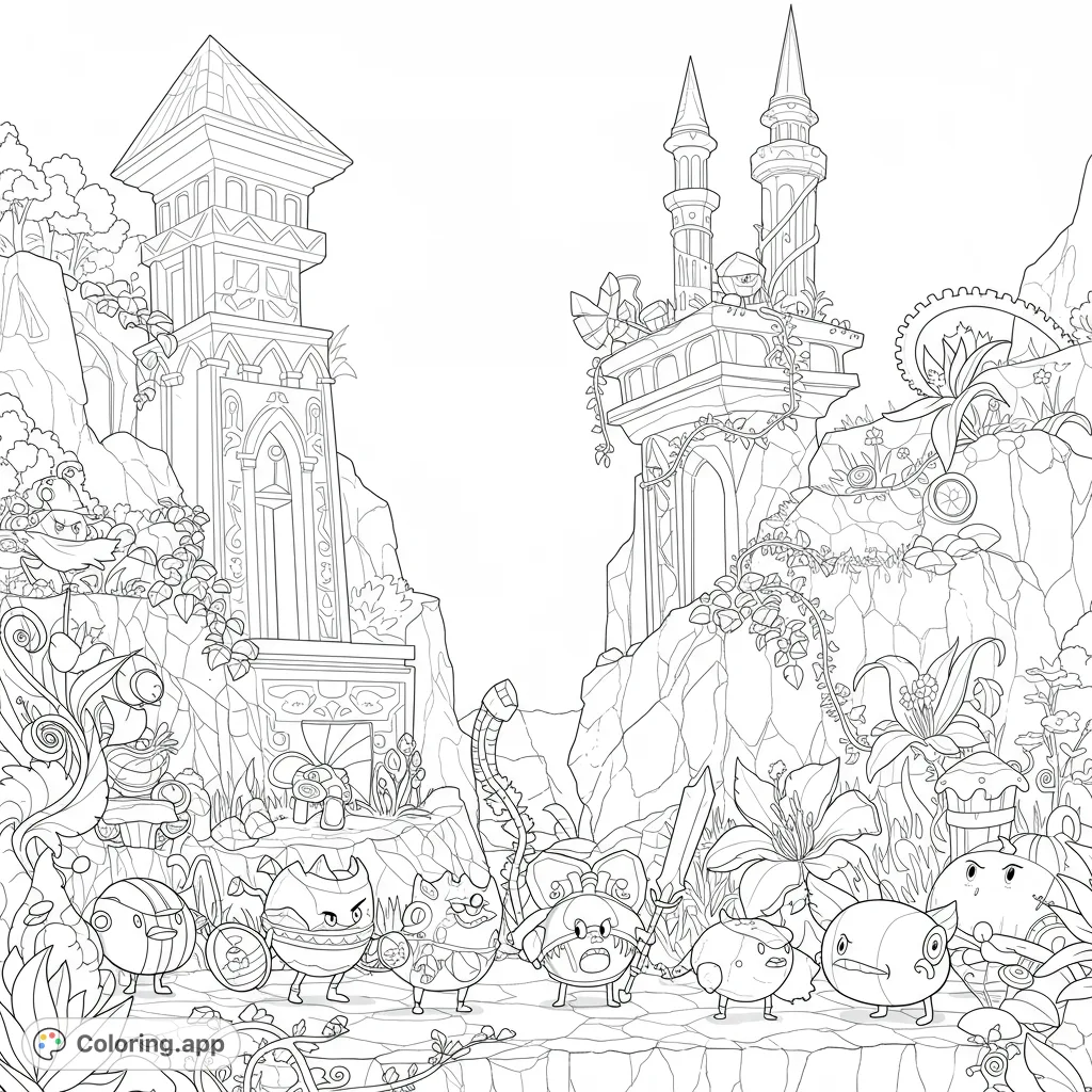 An intricate Battle for Dream Island coloring page featuring a grand low-angle scene with towering structures, detailed characters, and lush plants. A free printable coloring page for fans!