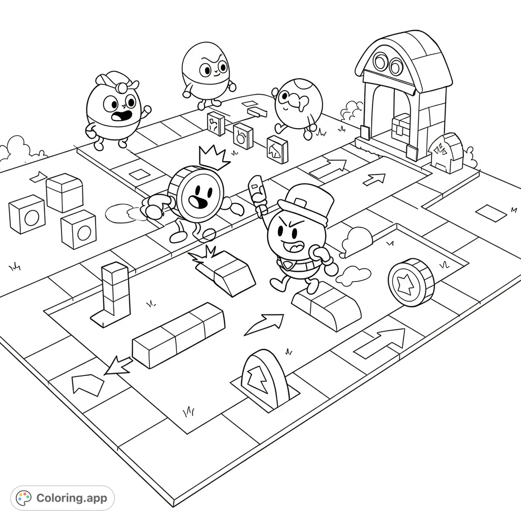 Coiny and Nickel tackle a simplified obstacle course in this fun Battle for Dream Island coloring page, with bold lines and geometric shapes. Eggy and Loser watch the action.