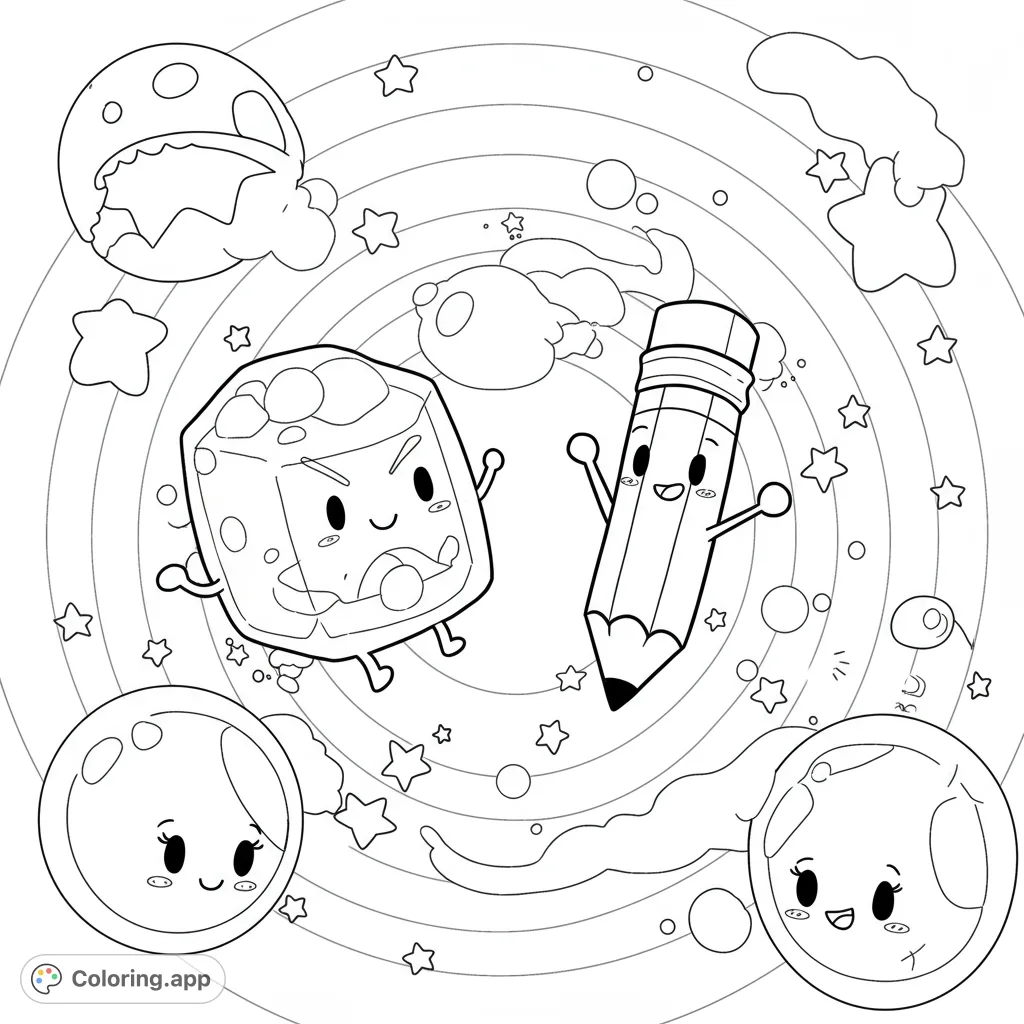 A delightful Battle for Dream Island coloring page featuring Ice Cube and Pencil floating among whimsical bubbles and stars in a dream-like setting. Perfect for creative fun!