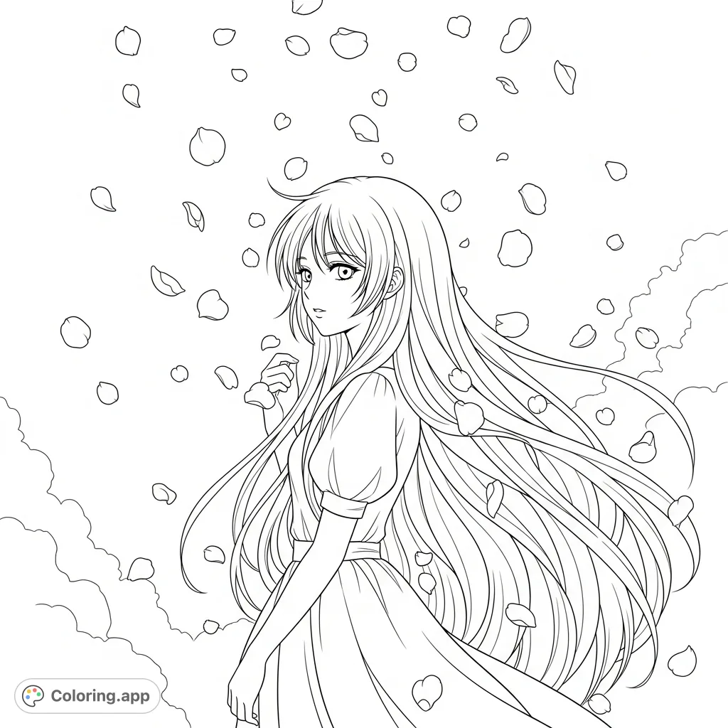 Color a dreamy anime girl with long flowing hair, surrounded by delicate floating petals and a soft, ethereal background, perfect for calm creativity.