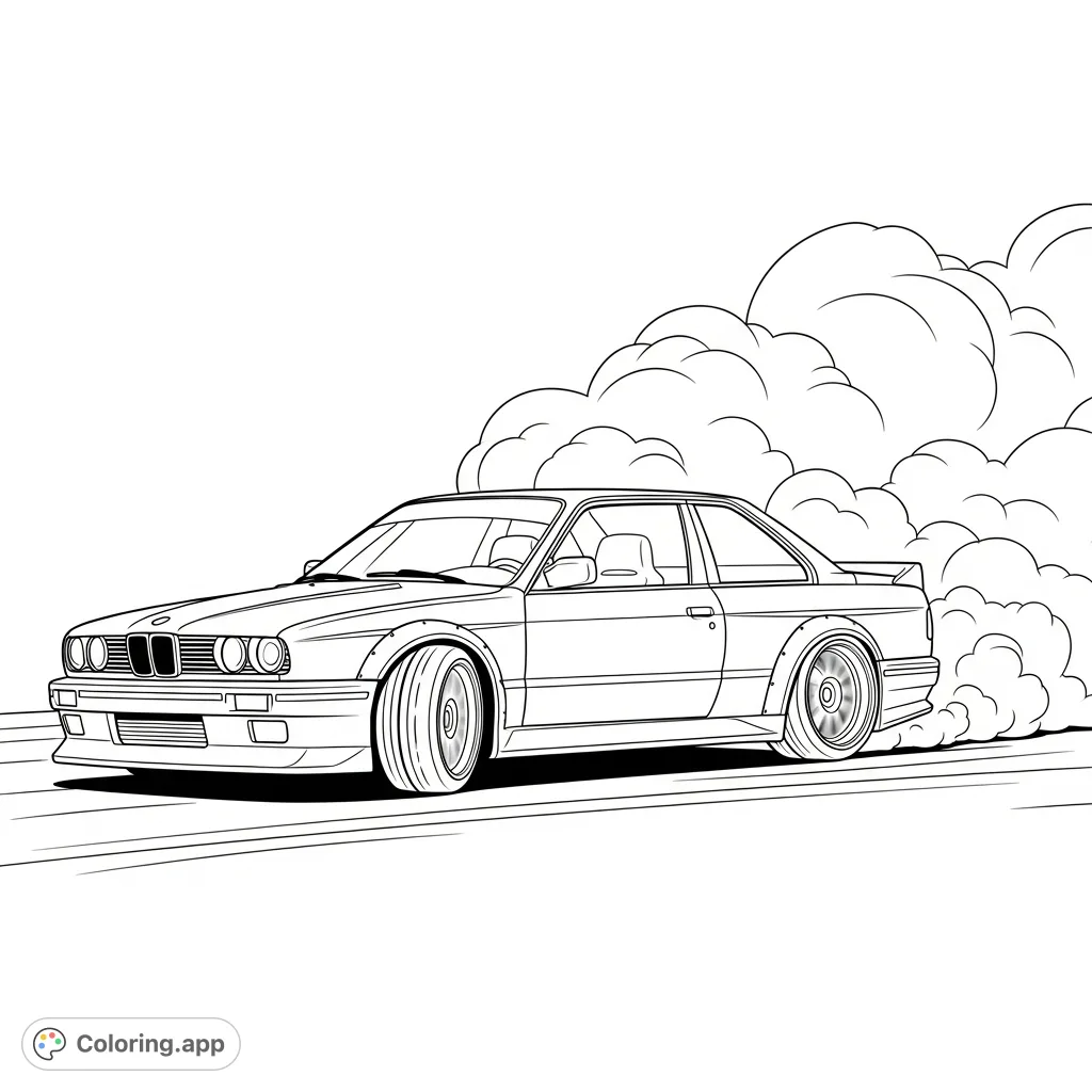 Capture the thrill of high-speed drifting with this dynamic coloring page featuring a sleek, M3-inspired coupe mid-slide, enveloped in simplified smoke.