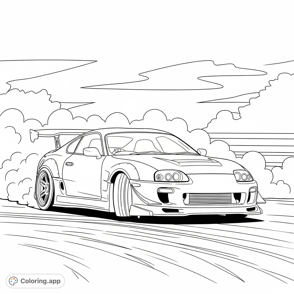 Experience the thrill of speed! A detailed drift-built MK5-inspired Supra slides around a corner, showcasing custom features and dynamic motion.