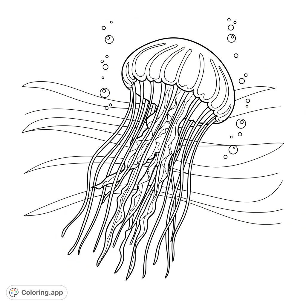 Dive into an aquatic adventure! Color a serene jellyfish with elegant, flowing tentacles amidst gentle ocean waves and rising bubbles.