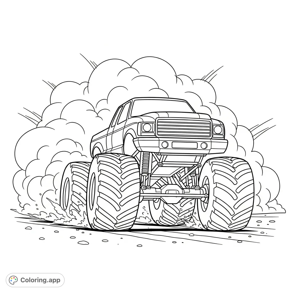 Experience the thrill of a powerful monster truck drifting on a dirt track, kicking up impressive, sweeping dust clouds. A dynamic and exciting scene.