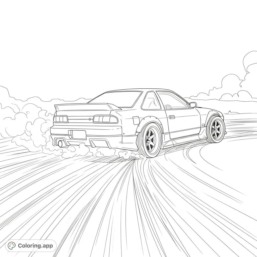 Experience the thrill of a drifting sports car with this dynamic line art. Perfect for car enthusiasts and speed lovers, ready for your vibrant colors!