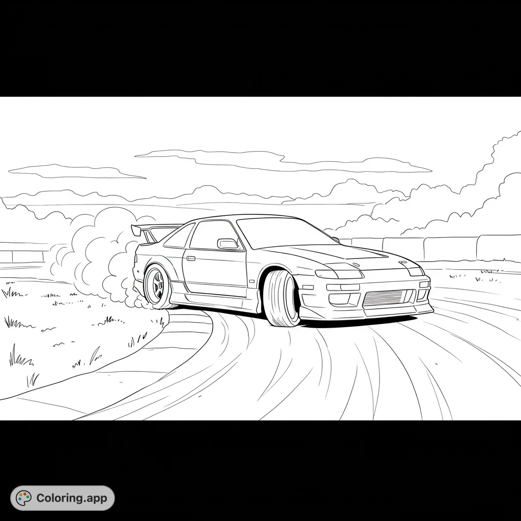 Experience the thrill of a drifting sports car on a race track, complete with billowing smoke and dynamic lines. A high-octane coloring adventure!