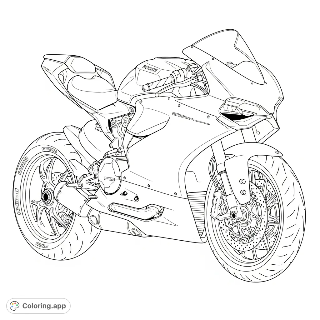 Detailed line art of a Ducati Panigale-inspired supersport motorcycle, showcasing aerodynamic fairings and intricate technical elements from a front three-quarter view.