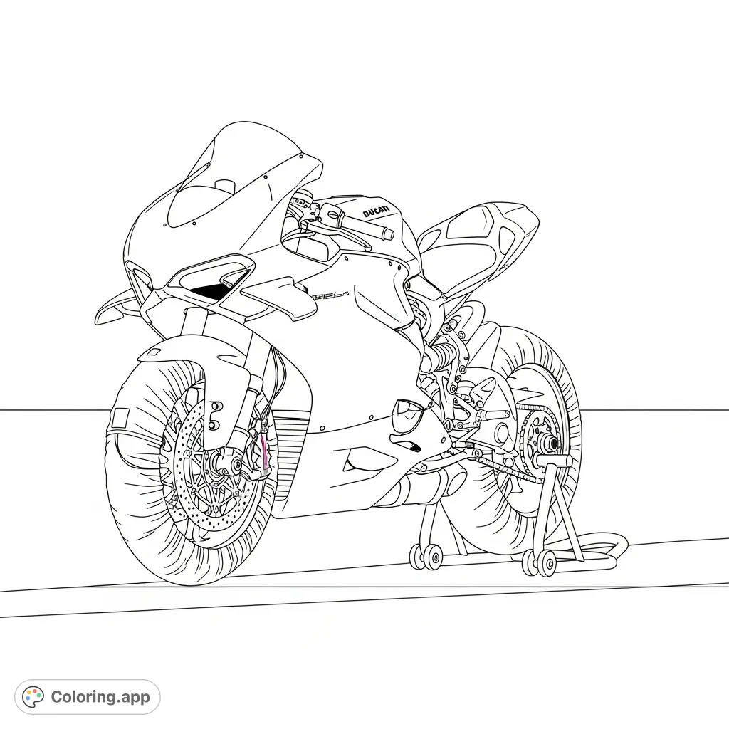 Detailed coloring page featuring a high-performance Ducati race bike on a front paddock stand with simplified tire warmers, perfect for enthusiasts.