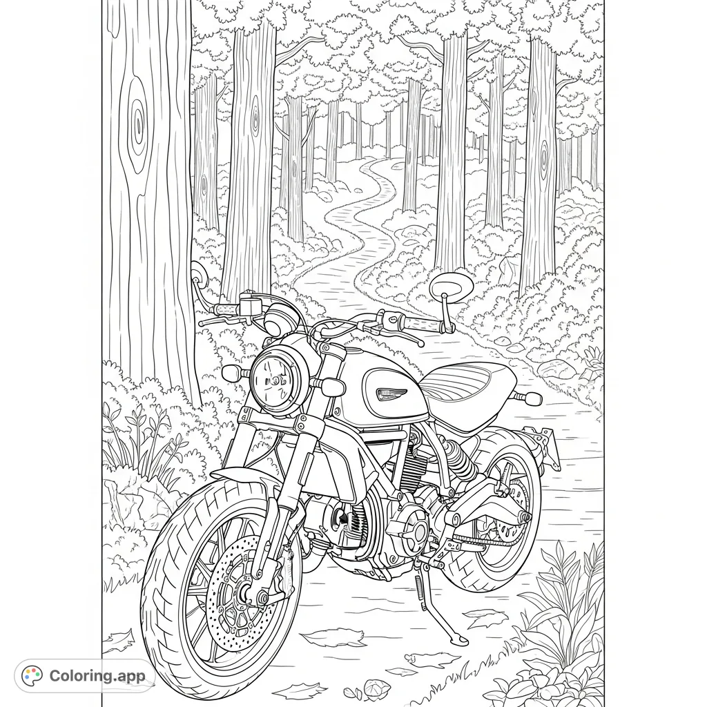 Color a sleek Ducati Scrambler cafe racer with low bars and a smooth tank. The motorcycle is set against a winding forest trail with detailed trees.