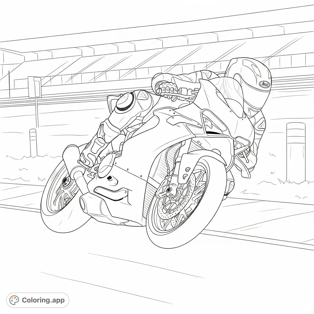 Experience the thrill of speed with this Ducati track bike coloring page, captured mid-corner with a dramatic lean angle and detailed race circuit elements.