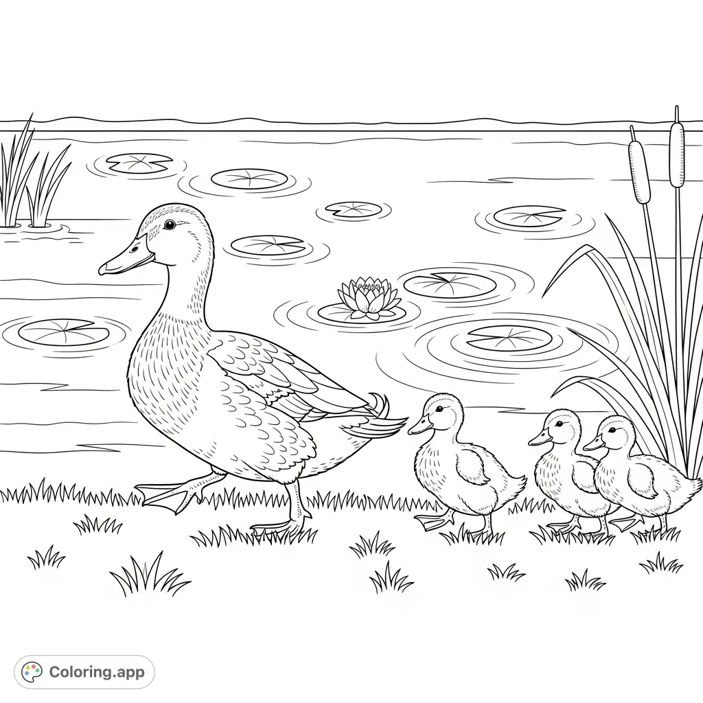 A charming coloring page depicting a mother duck leading her three adorable ducklings in a line across a grassy bank towards a serene pond with lily pads.