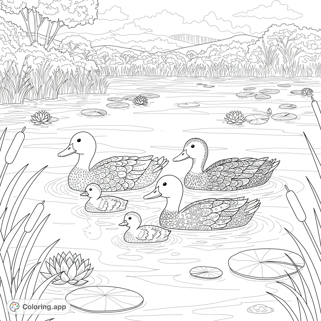 A serene duck pond coloring page featuring two adult ducks and two ducklings swimming amidst lily pads and reeds, perfect for nature lovers.