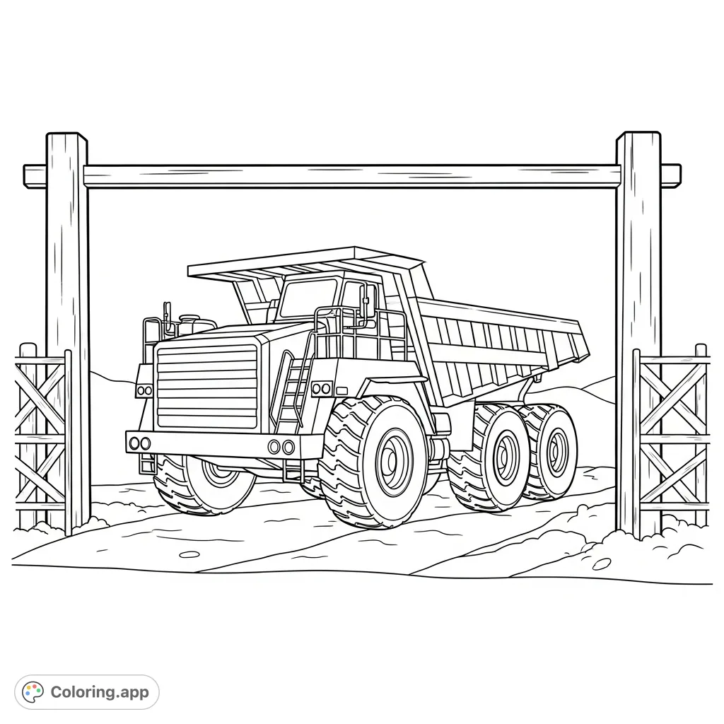 A mighty dump truck awaits at a construction site entrance, framed by a simplified gate. Perfect for vehicle enthusiasts and future builders!