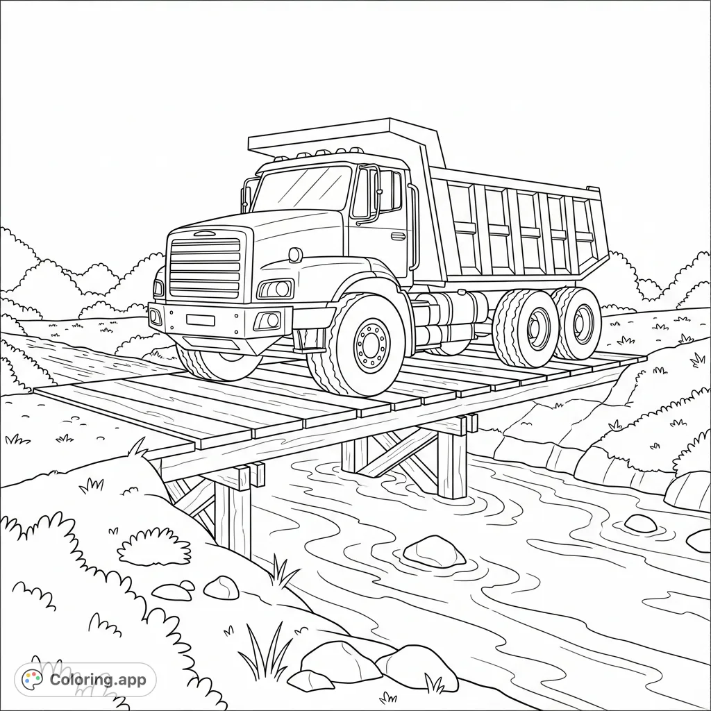 A sturdy dump truck carefully crosses a temporary wooden bridge over a flowing creek. Simplified shapes make this an engaging coloring page for all ages.