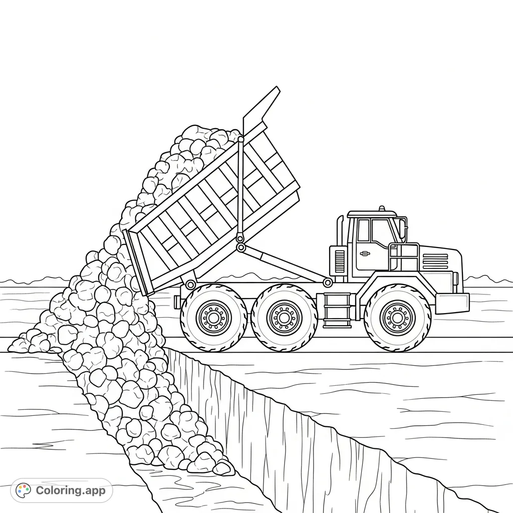 A detailed coloring page featuring a robust dump truck actively unloading soil into a long trench, perfect for construction enthusiasts.