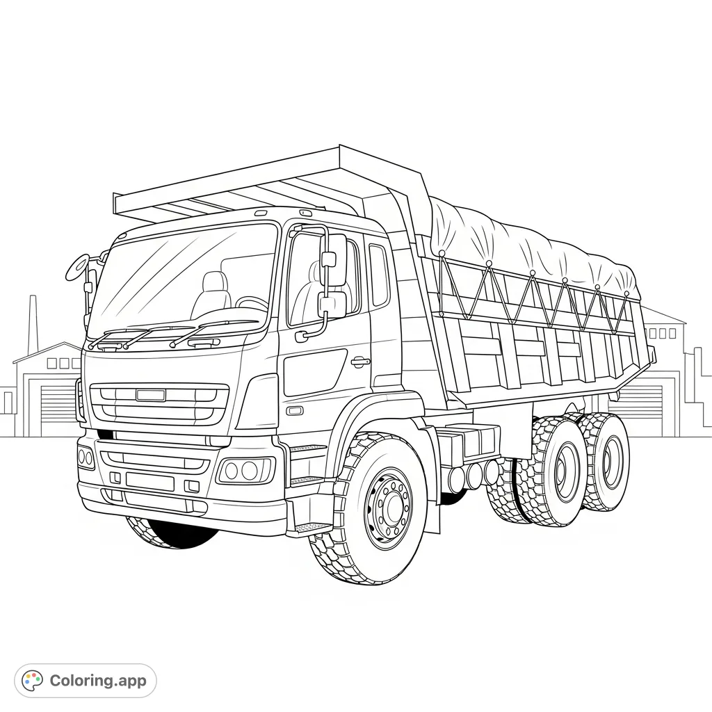 A powerful dump truck with an extended tarp cover over its bed, featuring detailed wheels and a prominent cab, set against a simple warehouse silhouette.