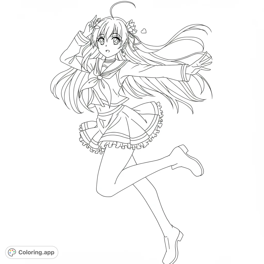 A dynamic anime schoolgirl in a sailor uniform, mid-jump with flowing hair. A free printable anime girl coloring page for all ages.