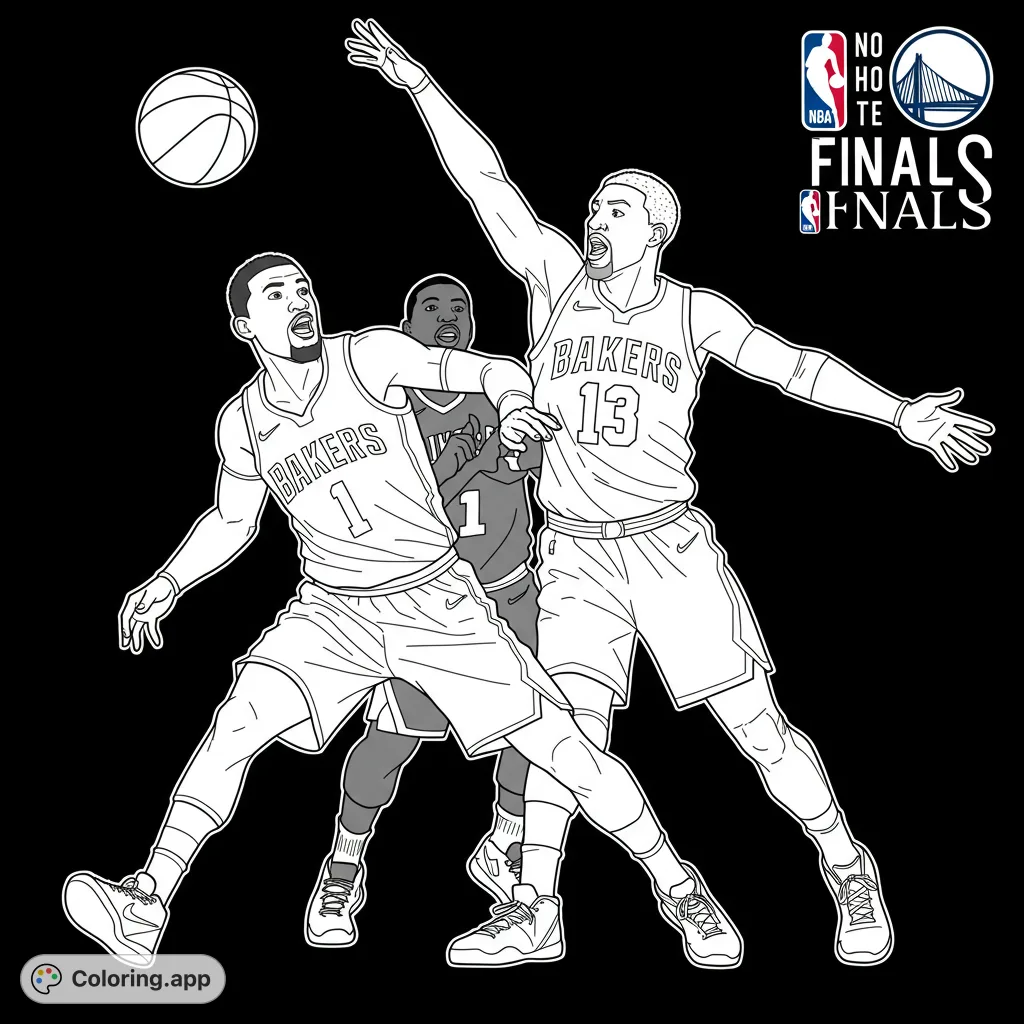 A thrilling basketball scene featuring three players in dynamic poses, reaching for a mid-air ball. Perfect for sports fans to color!
