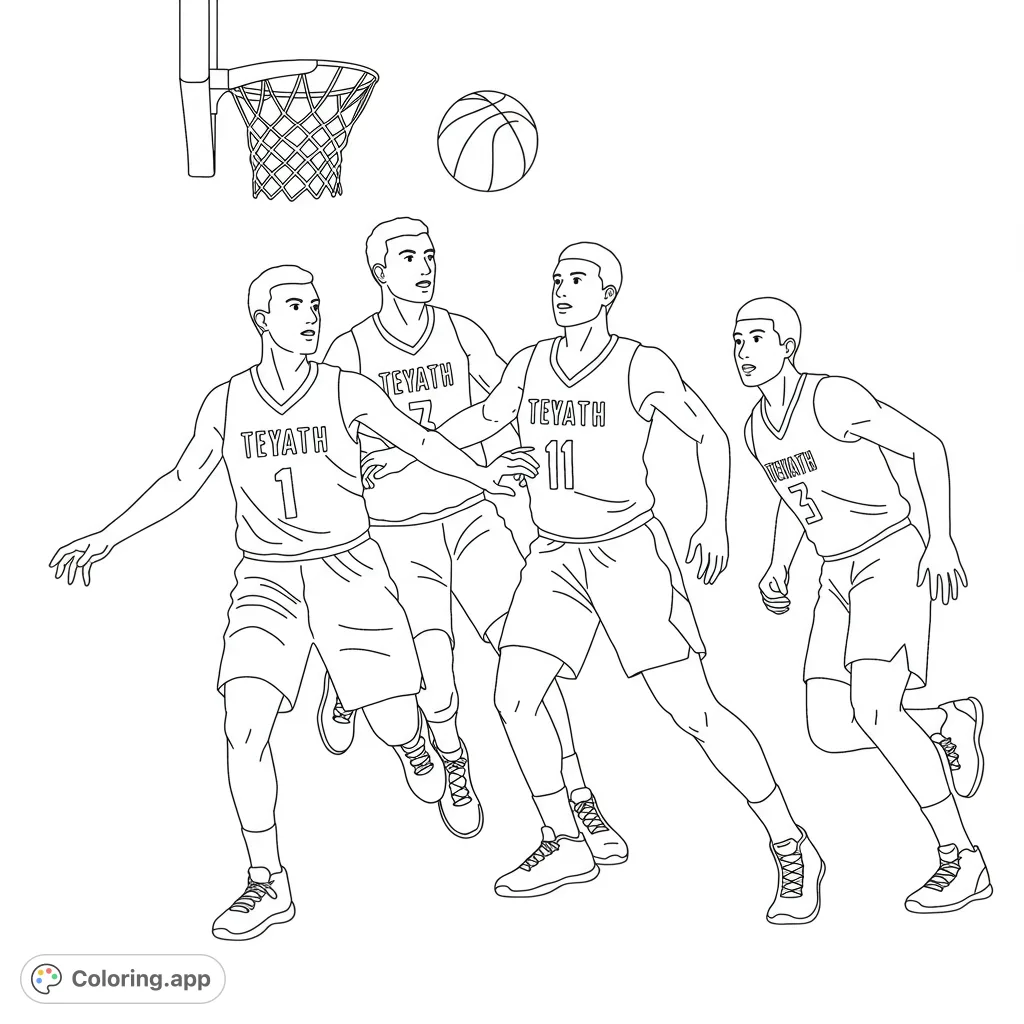 Capture the excitement of a basketball game with four players in action, a hoop, and a ball. Perfect for sports fans and aspiring athletes.