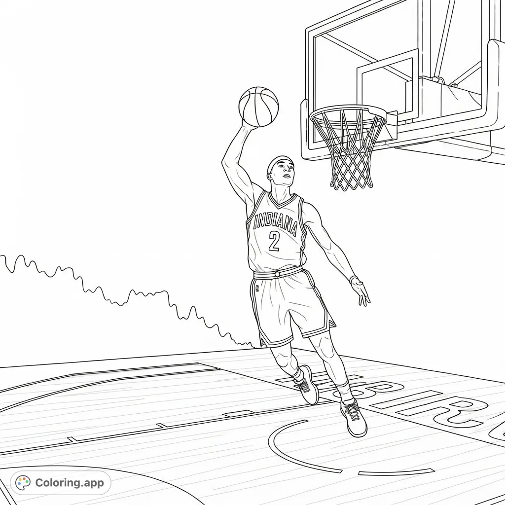 Capture the thrilling moment of a basketball player executing a powerful mid-air dunk, featuring an 'Indiana' uniform and a cheering crowd.