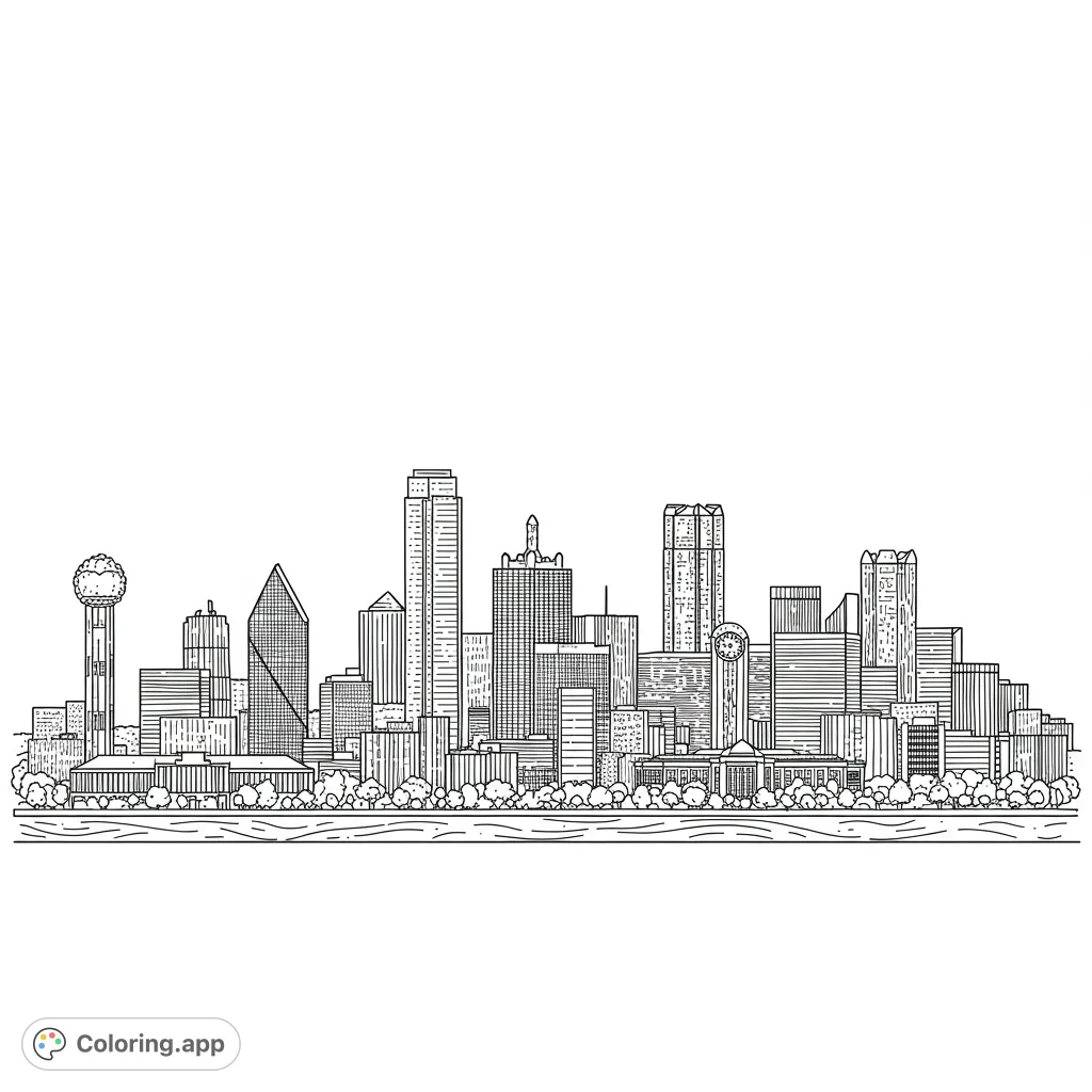 Explore a detailed city skyline coloring page featuring iconic skyscrapers, a spherical tower, and a vibrant urban landscape. Perfect for all ages!