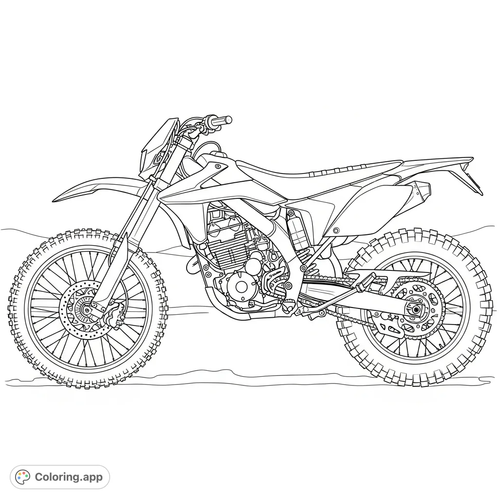 Capture the thrill of off-roading with this detailed dirt bike coloring page. Featuring knobby tires and intricate suspension for a realistic look.