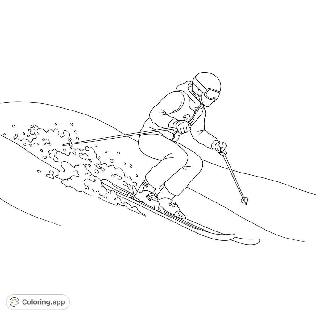 Capture the thrill of winter sports with this dynamic downhill skier coloring page. Perfect for all ages to bring the snowy slopes to life!