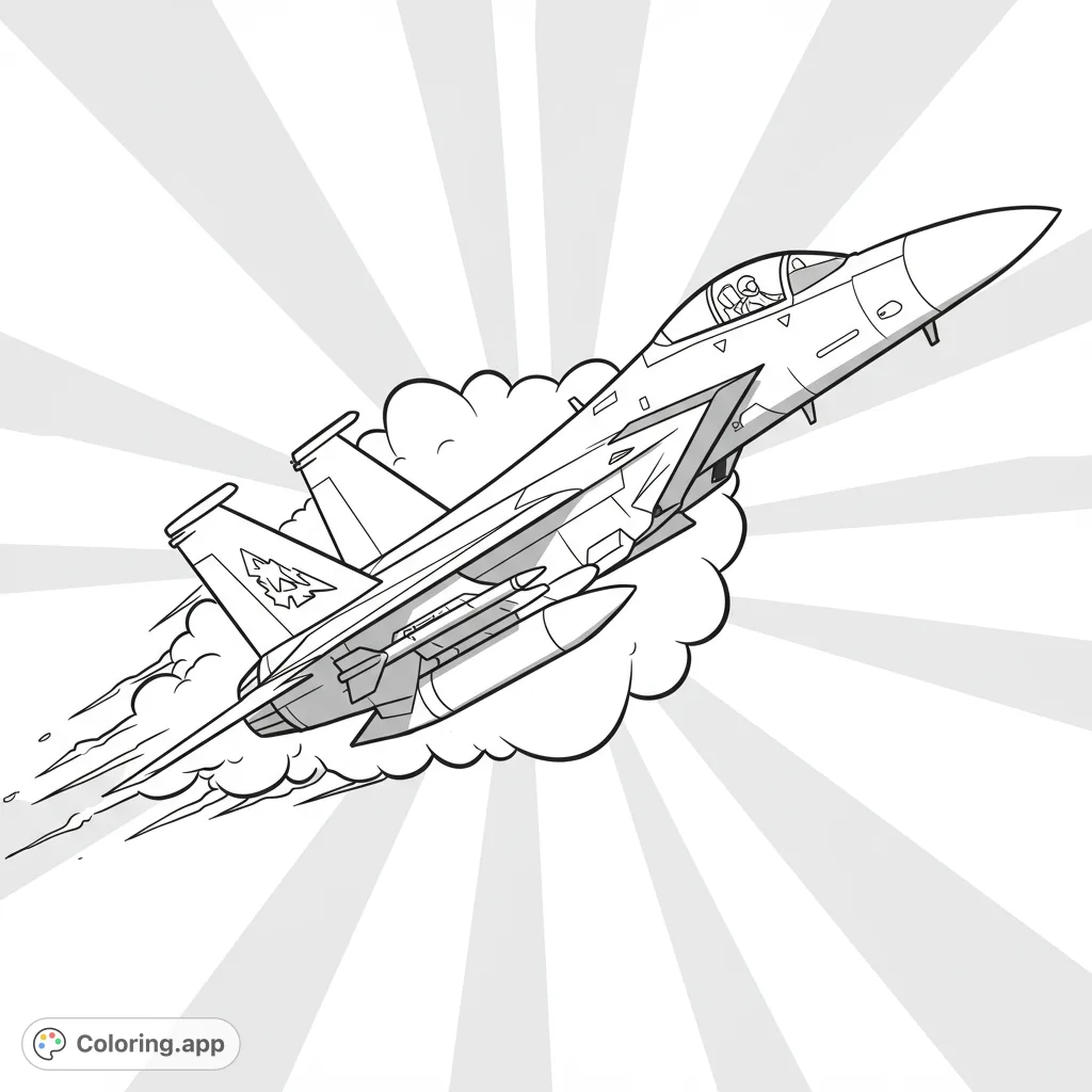 Soar into action with this dynamic fighter jet coloring page! Features a powerful aircraft, pilot, and speed effects against a radial background. Free printable fun!