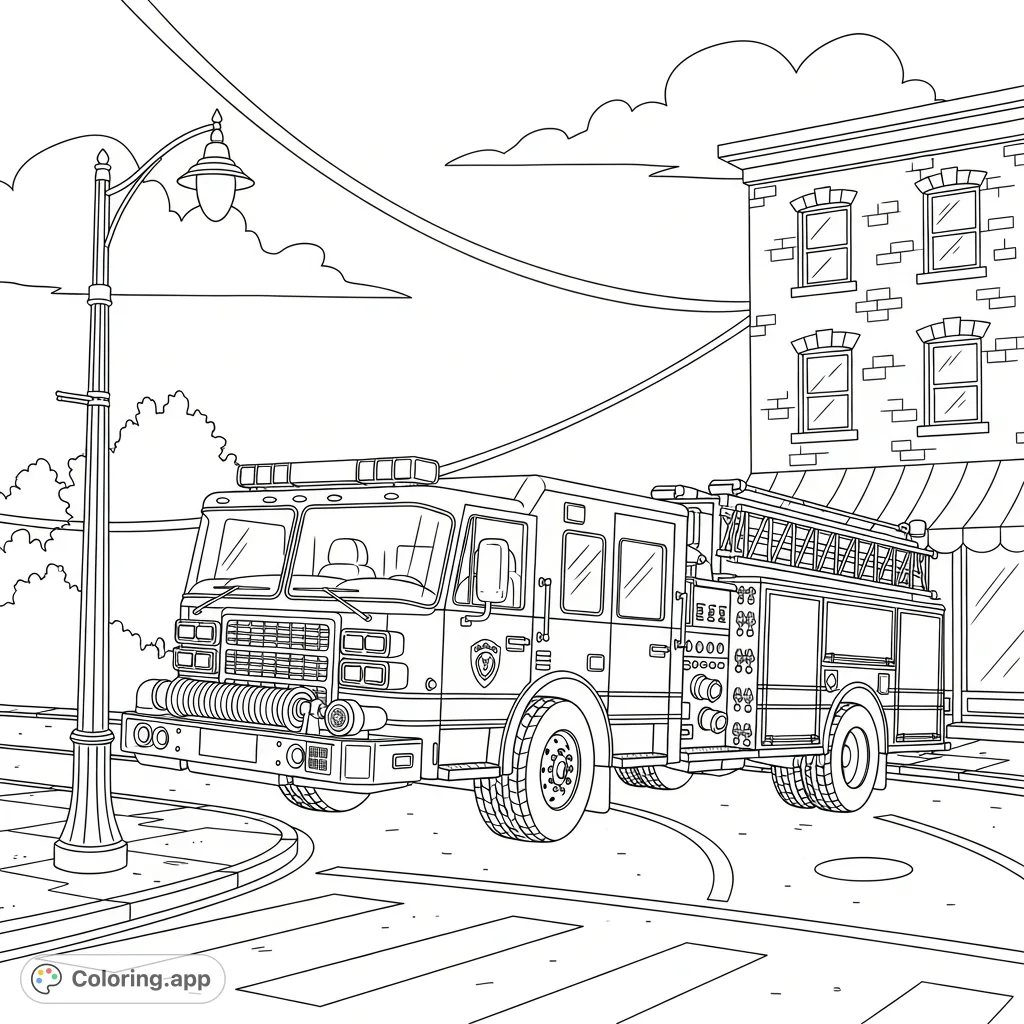 A detailed fire truck takes a sharp corner in a bustling city scene, showcasing ladders, hoses, and city architecture. Ready for action!