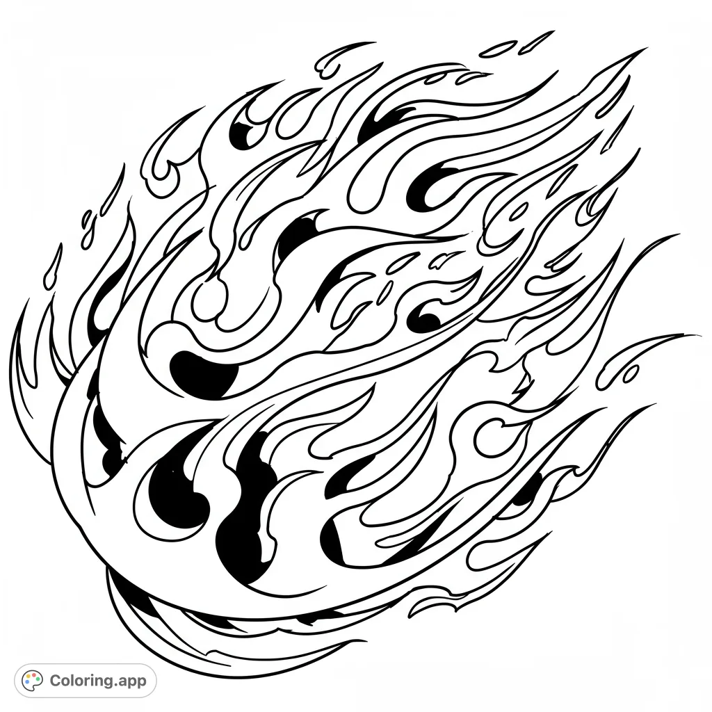 A dynamic stylized flame burst with intricate licks and solid black accents, perfect for vibrant coloring and expressing energy.