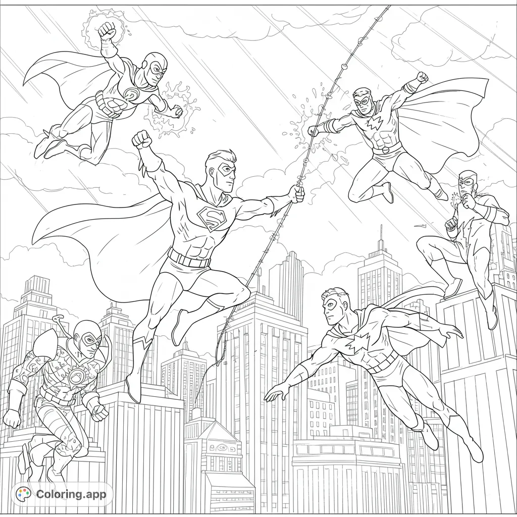 An action-packed superhero coloring page featuring six heroes battling above a detailed cityscape. Perfect for fans of comic book adventures.