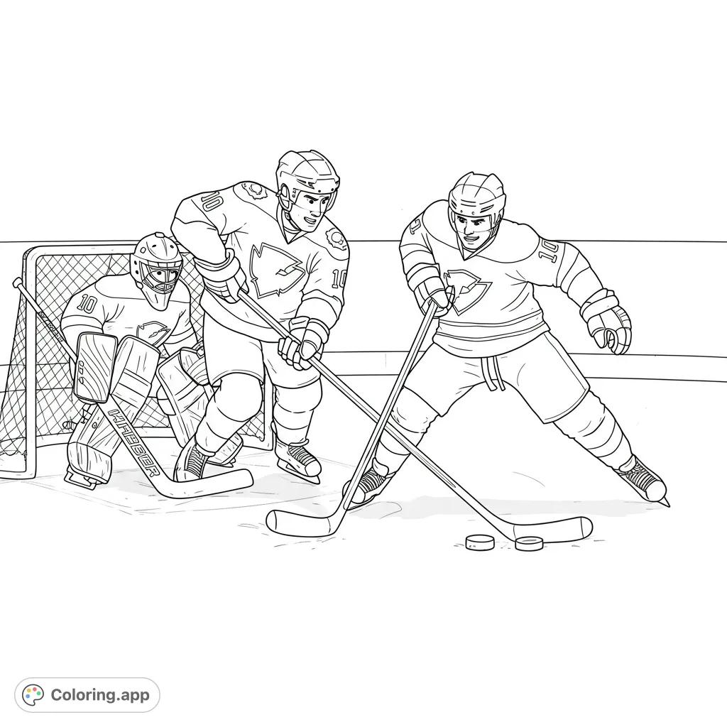 Dynamic ice hockey coloring page featuring three players in action, including a goalie, on a rink. Perfect for sports fans and aspiring athletes!