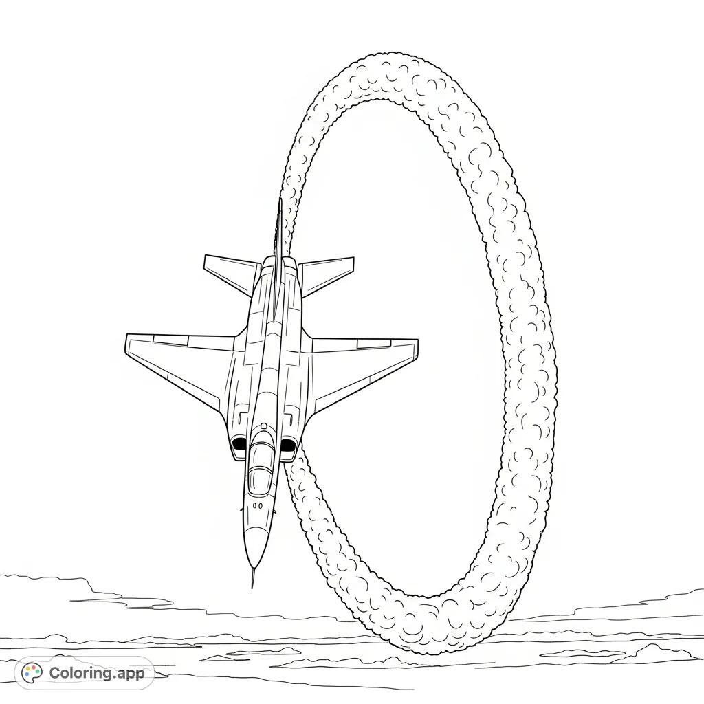 Experience the thrill of aviation! This coloring page features a sleek jet mid-loop, leaving a dramatic, curved smoke trail across a minimalist sky.