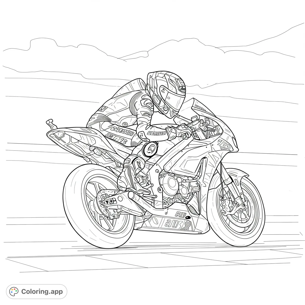 Experience the thrill of speed with this dynamic motorcycle racer coloring page. Features a detailed rider and sport bike on a track, perfect for all ages.