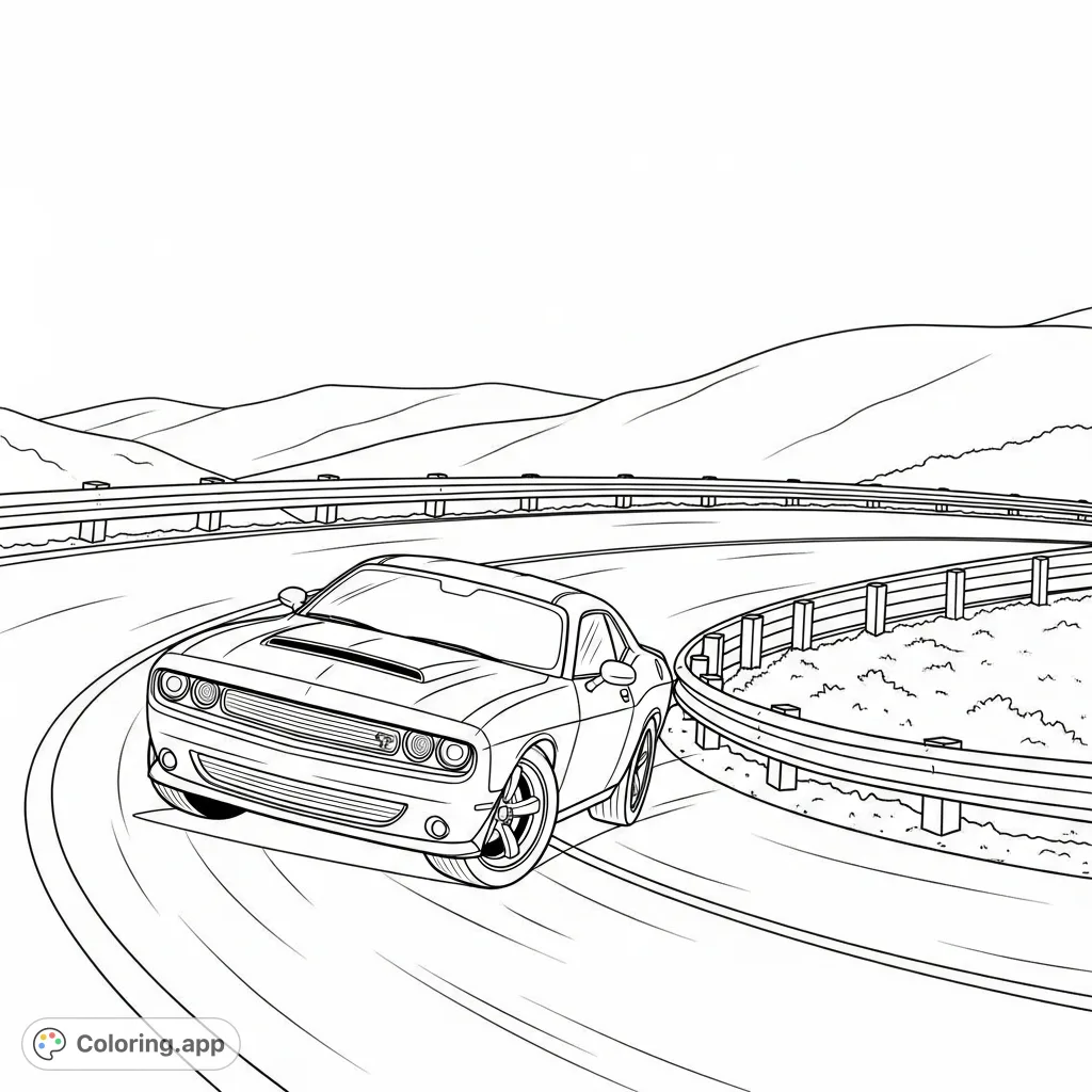 Experience the thrill of speed with this muscle car coloring page. A powerful vehicle navigates a sharp hairpin turn on a mountain road with guard rails.