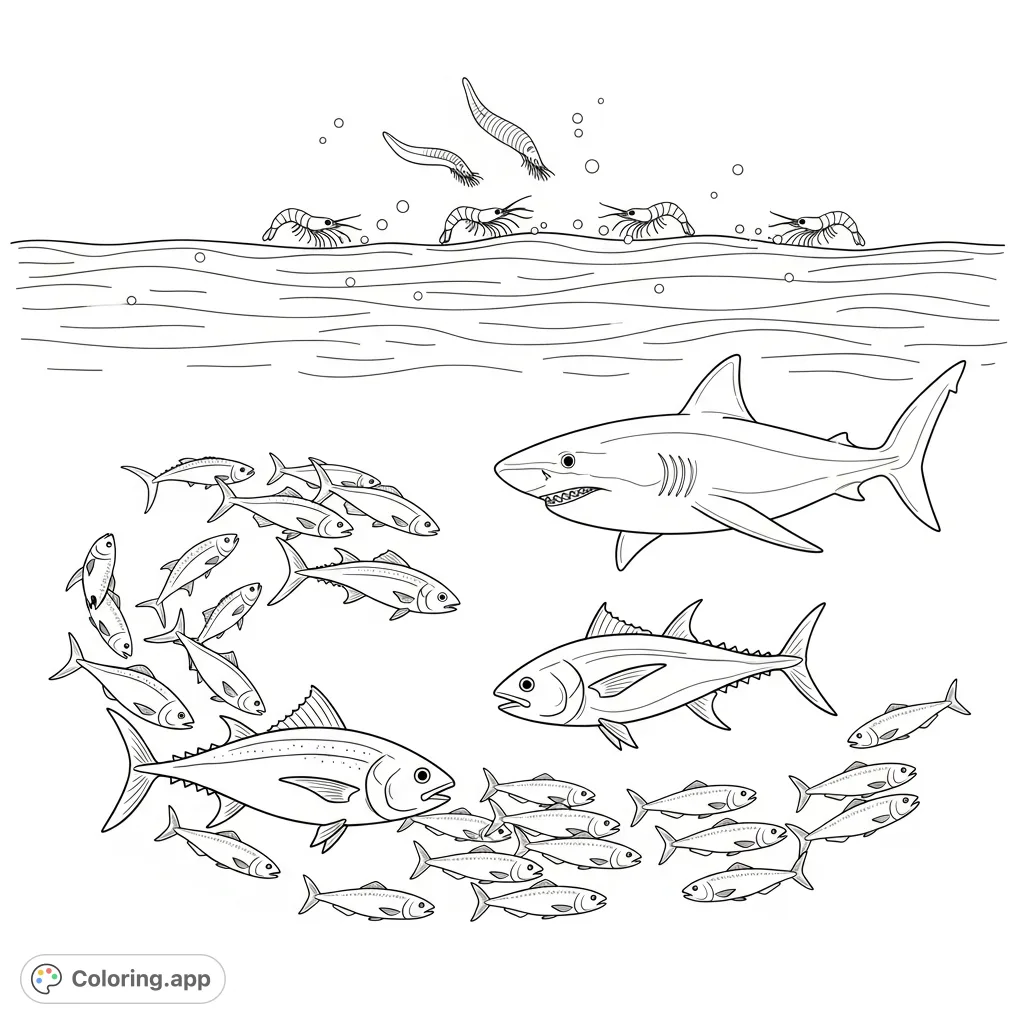 Explore the fascinating marine ecosystem with this ocean food web coloring page, showcasing zooplankton, krill, sardines, tuna, and a powerful shark.