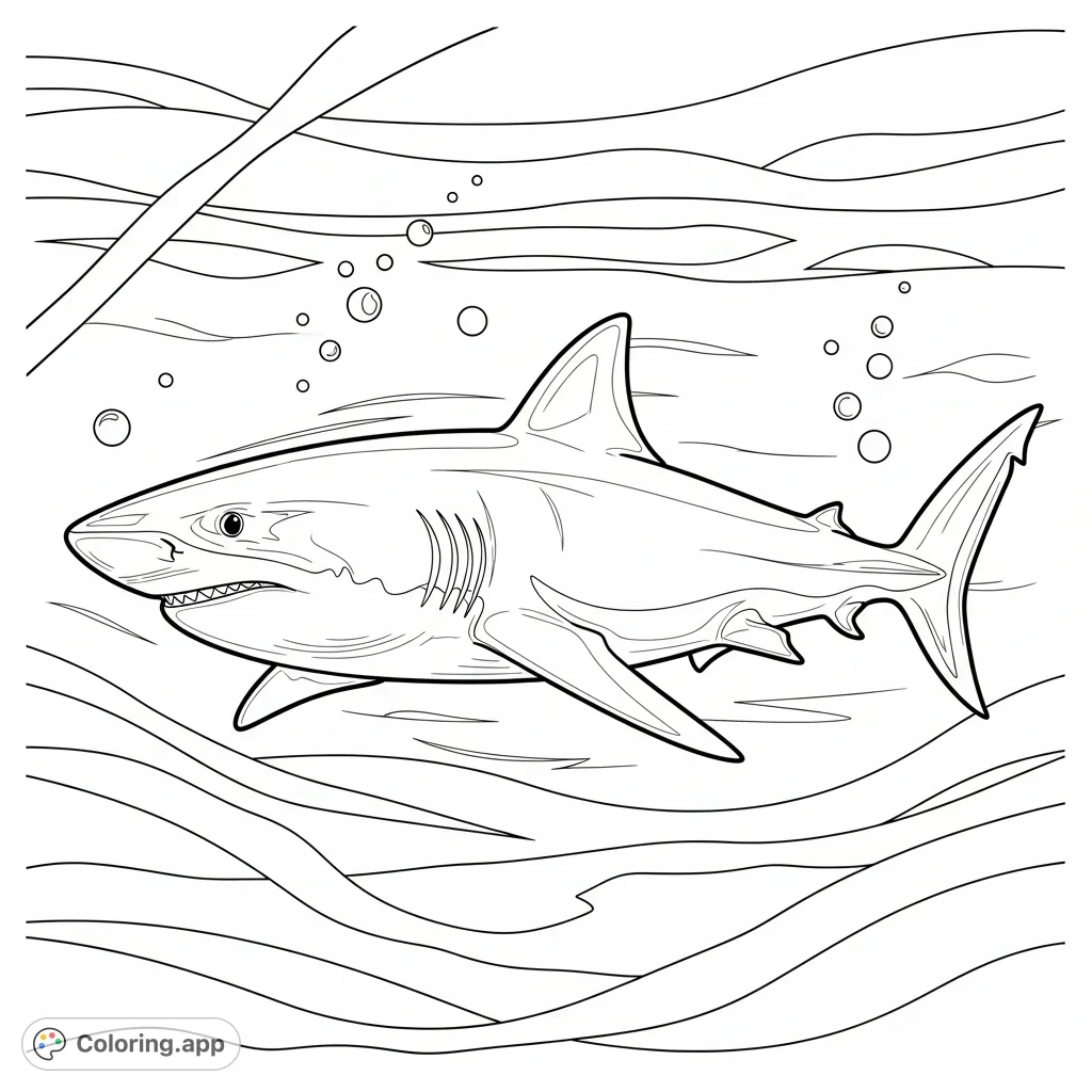 Color a powerful shark in mid-swim, surrounded by dynamic lines in a simplified deep ocean setting with subtle currents and rising bubbles.