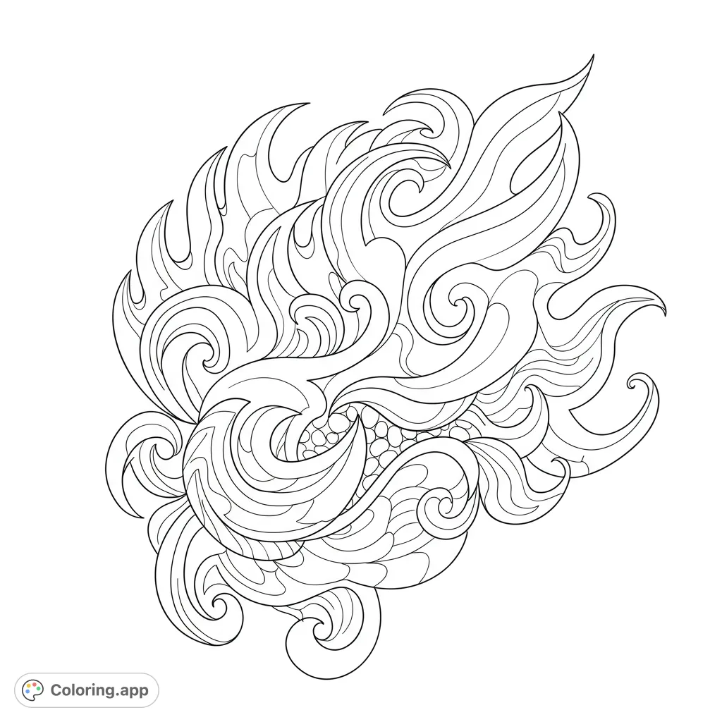An intricate abstract coloring page featuring dynamic swirls, flame-like patterns, and wave-like forms with detailed textures. Perfect for mindful coloring.