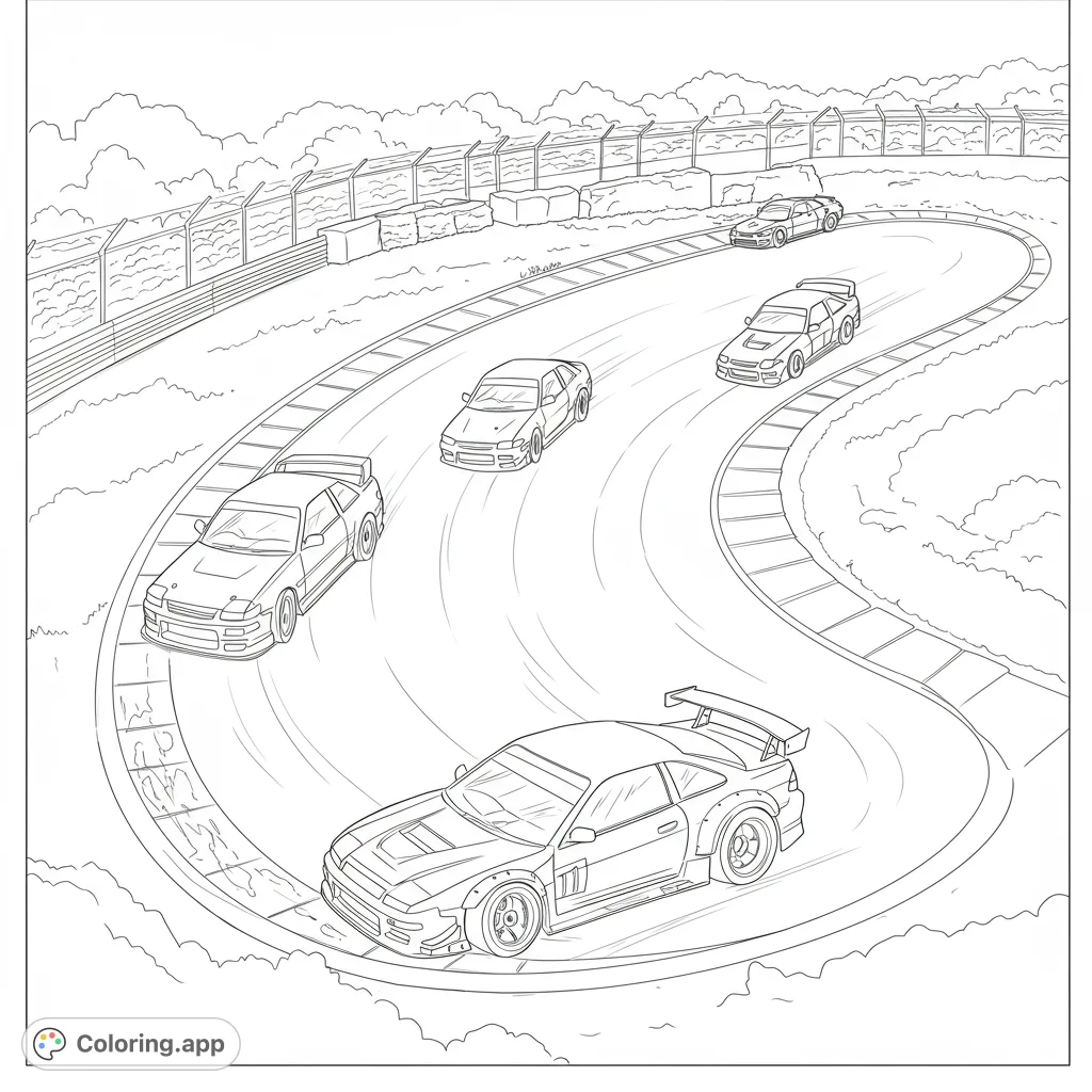 Experience the thrill of the race with this dynamic race car coloring page. Five sports cars speed around a winding track, ready for your vibrant colors.
