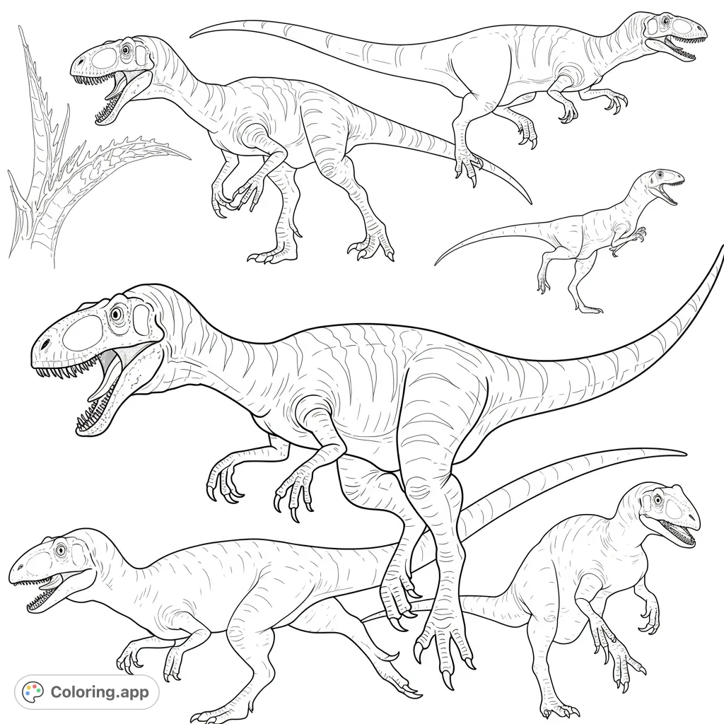 Explore a thrilling dinosaur coloring page featuring six dynamic raptor figures in various poses, perfect for prehistoric adventure fans.