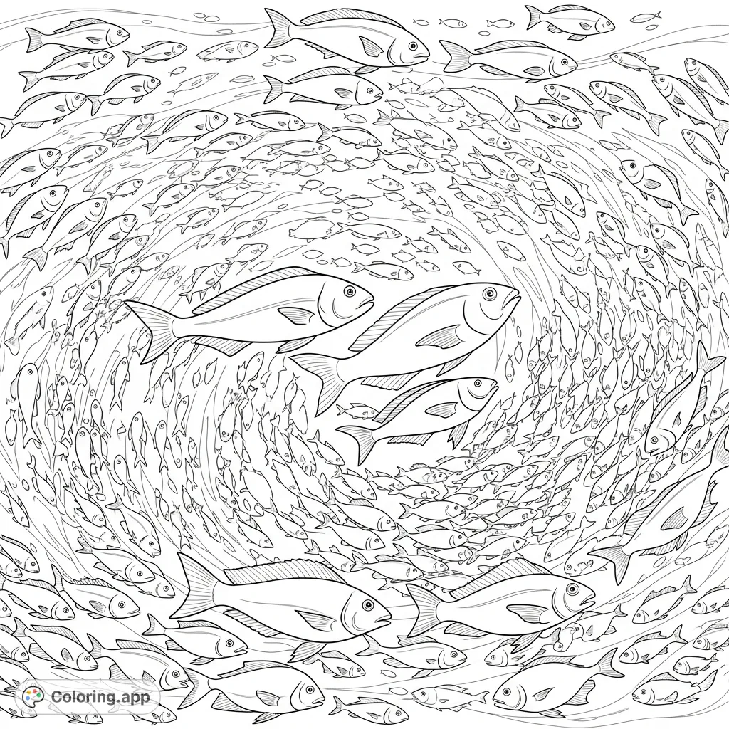 Dive into an ocean of creativity! This coloring page features a dynamic school of fish swimming in intricate, swirling patterns, perfect for all ages.