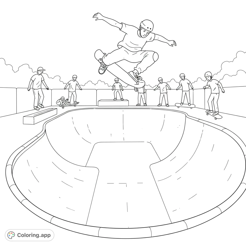 Experience the thrill of a dynamic skatepark scene! A skateboarder performs an aerial trick over a bowl, surrounded by friends. Free printable skateboarding coloring page.