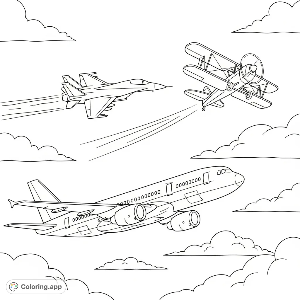 An exciting coloring page featuring a collection of diverse airplanes in flight, from passenger jets to biplanes and fighter aircraft soaring through the sky.