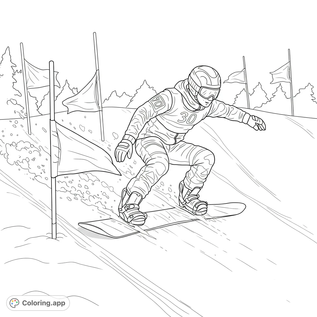 Capture the thrill of winter sports with this dynamic snowboarder coloring page. A free printable design for all ages, perfect for winter fun.