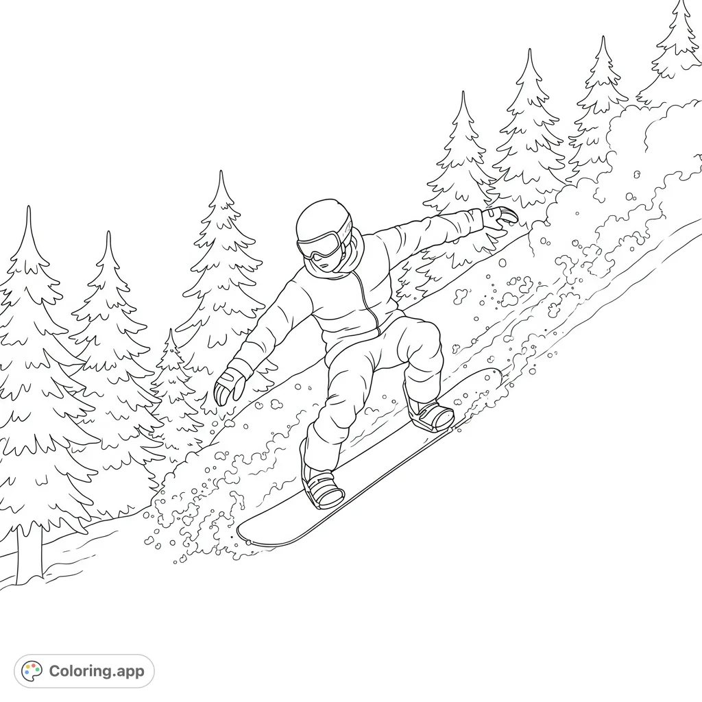 Dynamic snowboarder carving down a snowy mountain slope, surrounded by evergreen trees. Perfect for winter sports enthusiasts and creative minds.